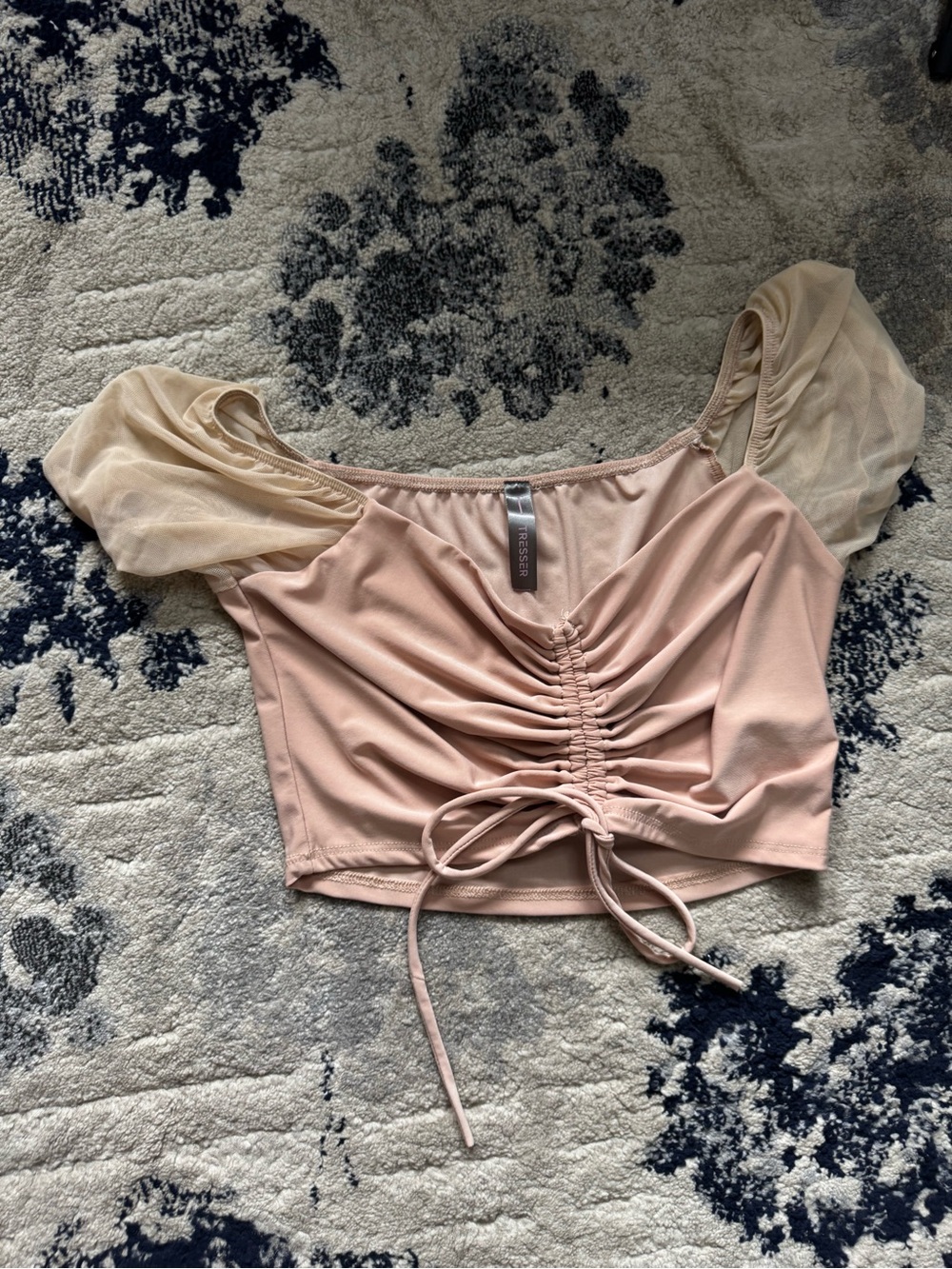 Light tan/brown Crop Top with Sheer Puff Sleeves